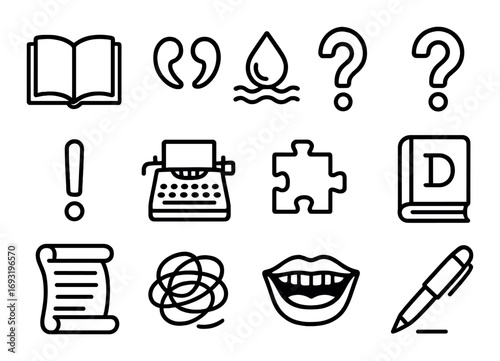 Writing and literature linear icon set. featuring book, quotes, typewriter, puzzle, dictionary, and question mark symbols.