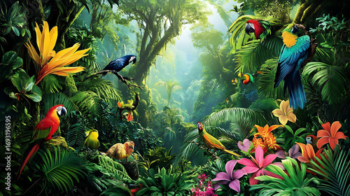 Exotic macaws perched on tropical rainforest branches high resolution picture