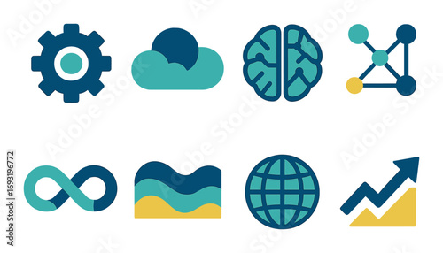 Technology gradient icon set. featuring gear, cloud, brain, network, infinity, waves, globe, and growth symbols.