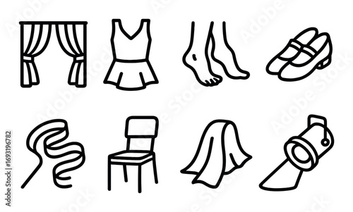 Dance studio linear icons set. featuring curtain, dress, feet, shoes, ribbon, chair, fabric, spotlight symbols.