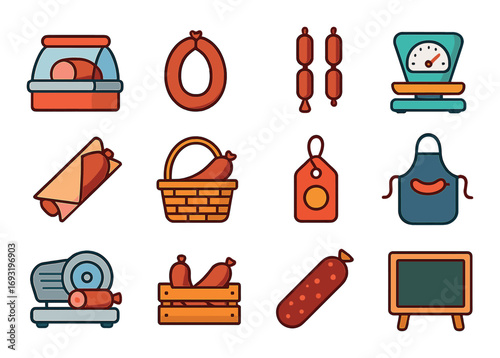 Butcher shop flat icon set. featuring sausage, meat, scale, deli, salami, basket, and apron symbols.