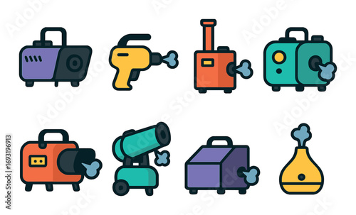 Industrial equipment flat icon set. featuring saw, drill, pump, compressor, cannon, and flask symbols.