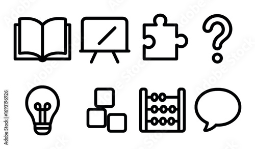 Education linear icon set. featuring book, board, puzzle, question mark, bulb, cube, abacus, and speech bubble symbols.