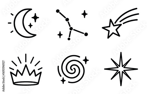 Celestial silhouette icon set. featuring moon, constellation, shooting star, crown, spiral, burst symbols.
