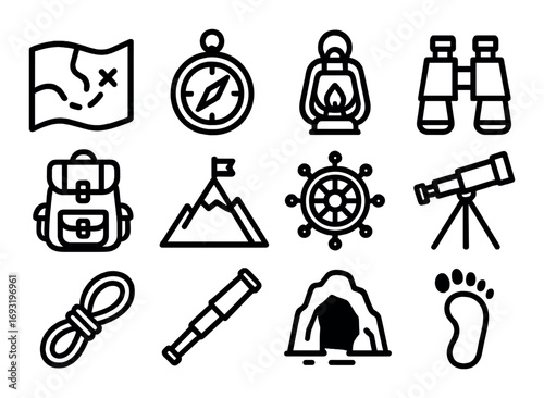 Adventure and exploration linear icon set. featuring map, compass, lantern, binoculars, backpack, mountain.