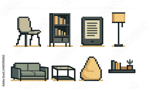 Home furniture pixel icon set. featuring chair, bookshelf, e-reader, lamp, sofa, table, bean bag, and shelf symbols.