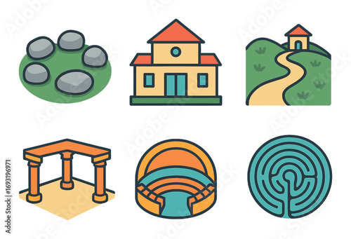 Ancient architecture flat icon set. featuring stone path, temple, amphitheater, labyrinth, house, and road.
