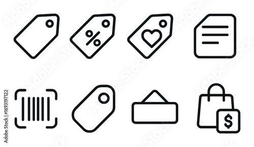 Shopping and discount silhouette icon set. featuring tags, barcode, bag, label, list, and price symbols.