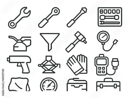 Wallpaper Mural Mechanical tools linear icon set. featuring wrench, screwdriver, funnel, gloves, gauge, and toolbox. Torontodigital.ca