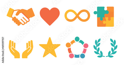 Charity and support neon silhouette icon set. featuring handshake, heart, infinity, puzzle, hands, star, teamwork, laurel.
