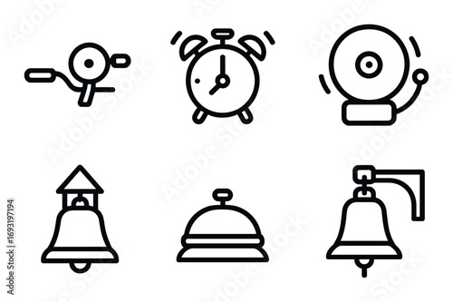 Alarm and bell linear icon set. featuring alarm clock, school bell, hand bell, bell tower, ring bell.