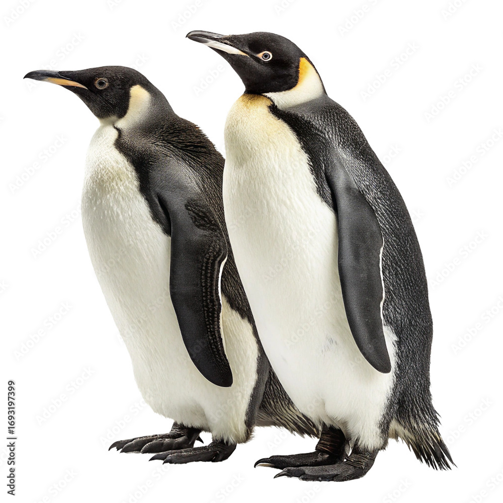 Fototapeta premium Majestic Emperor Penguins stand together showcasing their iconic black and white plumage with striking yellow accents. 