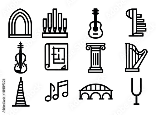 Music and architecture linear icon set. featuring violin, guitar, organ, harp, column, music notes, and bridge symbols.