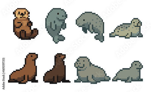 Aquatic animals silhouette icon set. featuring otter, dolphin, manatee, seal, sea lion symbols.