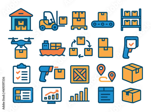 Logistics linear icons set. featuring warehouse, forklift, ship, drone, conveyor belt, delivery truck, and package symbols.