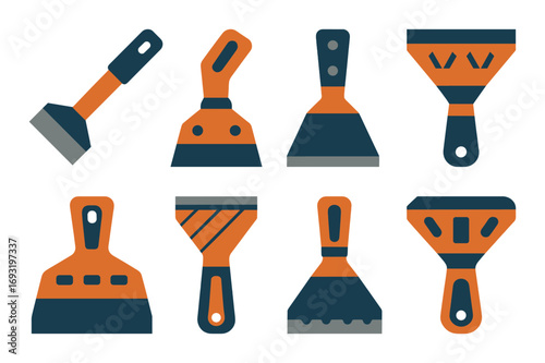 Construction tools silhouette icon set. featuring scraper, chisel, spatula, and putty knife symbols.