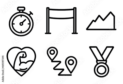 Fitness goals linear icon set. featuring stopwatch, hurdle, mountain, muscle, map, medal symbols.
