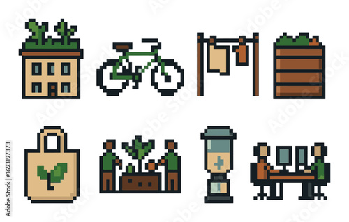 Gardening linear icon set. featuring houseplant, bicycle, clothesline, planter box, tote bag, gardening, compost bin, meeting..