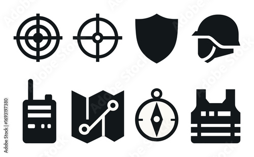 Military silhouette icon set. featuring target, shield, helmet, radio, map, compass, and vest symbols.