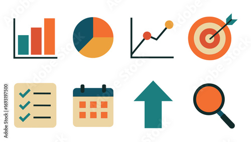 Data analysis flat icon set. featuring graph, pie chart, target, checklist, calendar, and magnifying glass symbols.