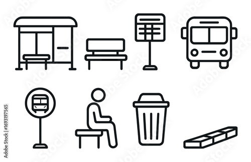 Public transportation flat icon set. featuring bus stop, bench, sign, bus, schedule, trash can, curb.