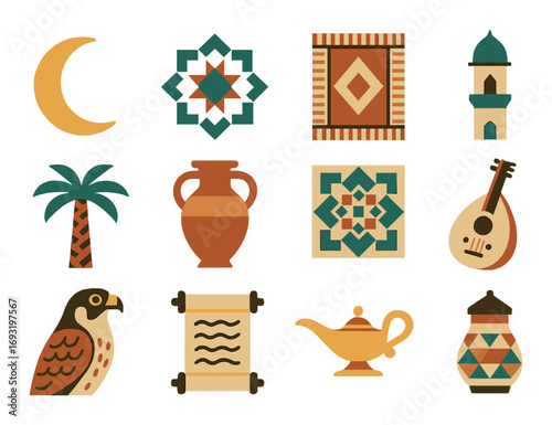 Middle eastern culture flat icon set. featuring crescent, star, rug, mosque, palm, vase, and oud symbols.