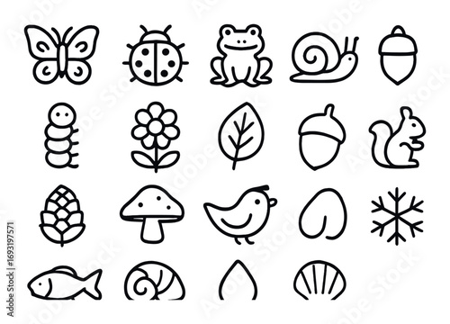 Nature and wildlife linear icon set. featuring butterfly, ladybug, frog, snail, acorn, and squirrel icons..