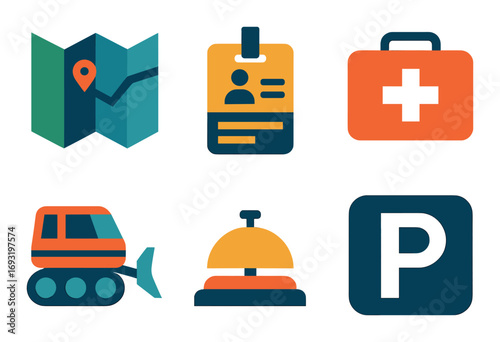 Travel and hospitality flat icon set. featuring map, id, first aid, snowcat, bell, and parking symbols.