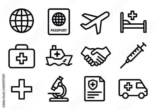 Travel and healthcare linear icon set. featuring globe, passport, airplane, bed, suitcase, ship, handshake, syringe.