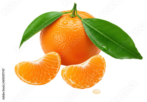 Isolated mandarin orange with leaves and segments offering a vibrant citrus freshness