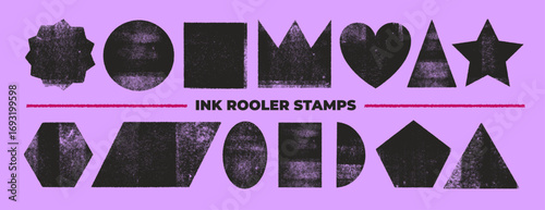 Geometric stamps with linocut texture effect. Collection of geometric forms and shapes with grunge ink roller texture. Vintage and retro old effect. Vintage highly detailed letterpress forms.