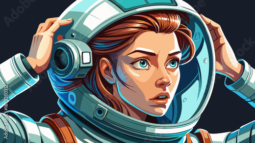 Woman (27 words): Close-up portrait of female astronaut adjusting helmet carefully. Isolated white background conveys determination, intelligence, and elegance in the timeless pursuit of cosmic discov