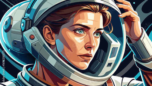 Woman (27 words): Close-up portrait of female astronaut adjusting helmet carefully. Isolated white background conveys determination, intelligence, and elegance in the timeless pursuit of cosmic discov
