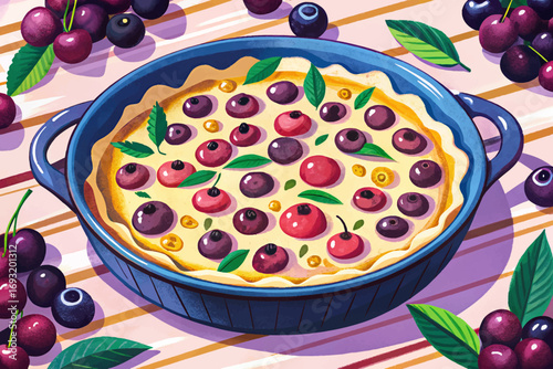 French clafoutis cherry dessert, baked custard with fruits, rustic provincial recipe, cultural delicacy, authentic European sweet