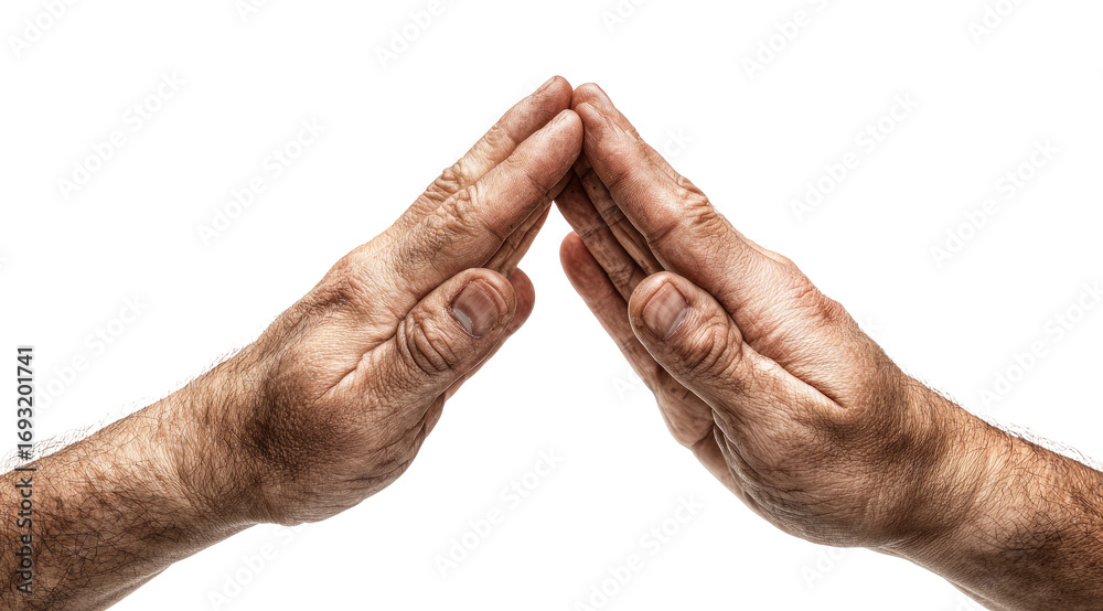 Fototapeta premium Two weathered hands clasped together, forming a roof-like shape against a black background. The hands are positioned symmetrically, showing creases and texture