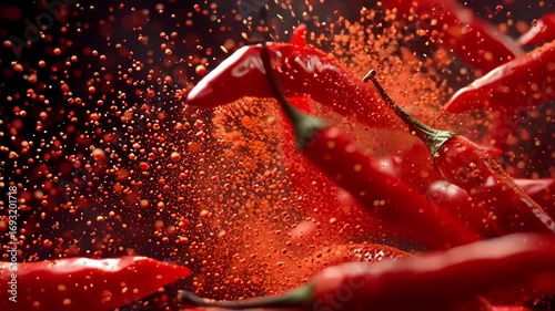 Super Slow Motion Shot of Rotating Red Chilli Peppers with Powder, Filmed on High Speed Cinematic Camera