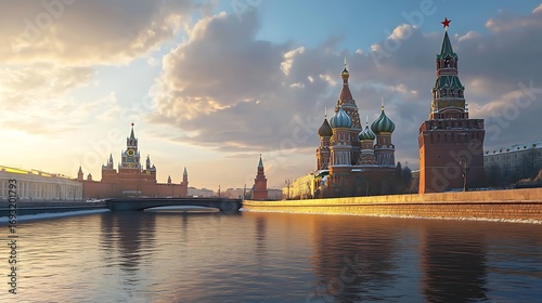 Panoramic view of moscow kremlin and cathedral under cloudy sky image