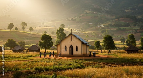 Rural Church Community Gathering at Sunrise.
