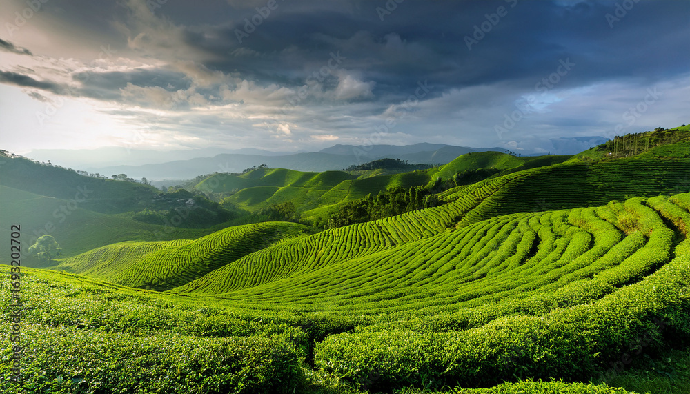 Fototapeta premium Lush Green Tea Plantations Spread Across Rolling Hills Under Cloudy Skies In The Early Morning Light