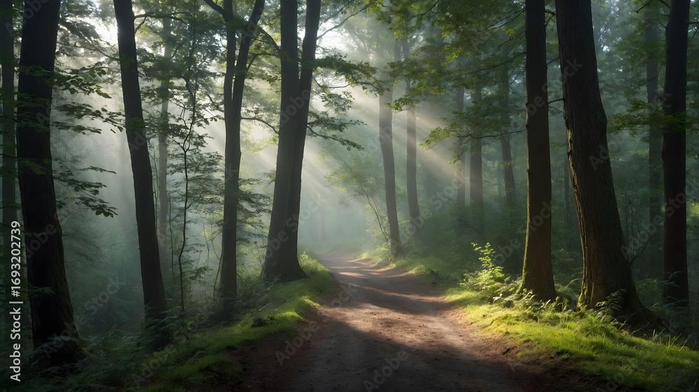 Obraz premium Camino en bosque verde con rayos de sol iluminando la vegetación