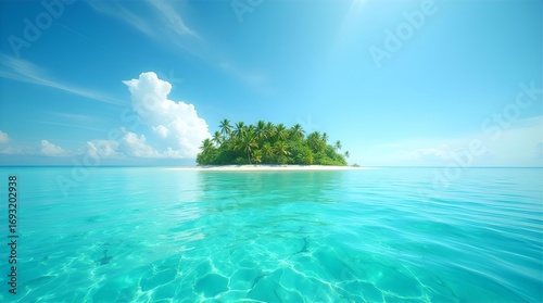 Fototapeta Naklejka Na Ścianę i Meble -  Stunning tropical island paradise with crystal clear turquoise ocean, lush green palm trees, and a pristine white sand beach under a bright blue sky. Serene travel.