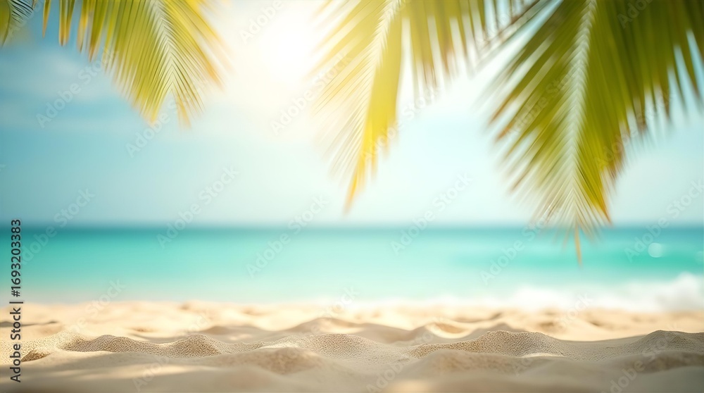Obraz premium Idyllic tropical beach scene with golden sand, turquoise ocean, and bright blue sky, framed by blurred palm leaves and warm sunlight. Perfect summer vacation background.