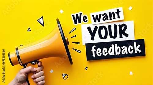 Bright yellow background with hand holding a megaphone announcing We want YOUR feedback in bold text blocks. Customer engagement and survey concept.