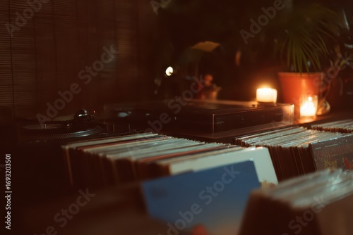 Cozy atmosphere with vinyl records, turntable, and candles creating a warm ambiance ideal for enjoying music during a quiet evening