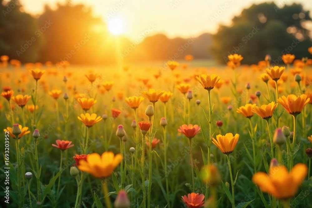 Fototapeta premium Golden hour sunlight bathes a vast field of wildflowers, swaying gently in the warm summer breeze A perfect image for tranquility, summer, and nature themes , summer time, ecology, farm