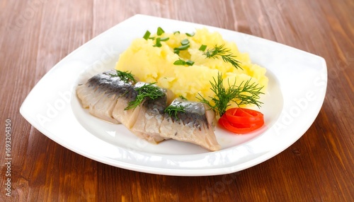 White plate with mashed potatoes and sliced fish, garnished with herbs and cherry tomatoes on a wooden table