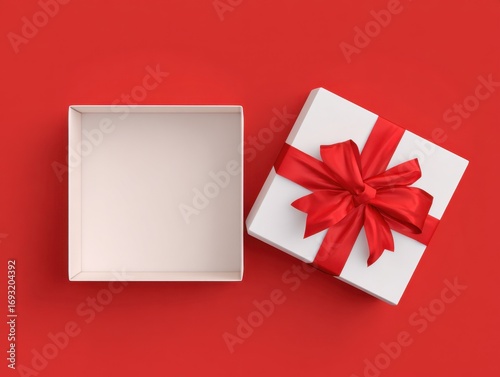 Square empty white gift box with red ribbon and bow on red background. Christmas, Valentine’s, birthdays, festive packaging. For retail, marketing, template greeting card, holiday celebration themes.