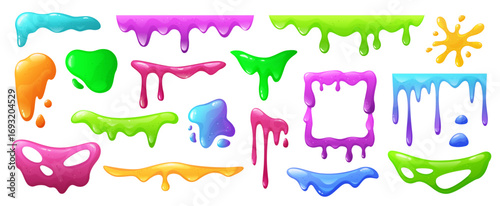 Cartoon slime drips. Colorful gelatin goo, color glue, mucus, sticky paint sludge. Toxic phlegm blob, jelly texture, slimy snivel. Jell splashes, Halloween decoration. Vector set