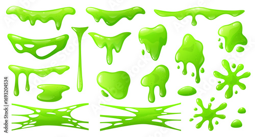 Green cartoon slime. Halloween goo, mucus drips, sticky liquid sludge. Toxic phlegm blob, jelly texture, slimy snivel. Spooky zombie mucus, ooze dribble. Vector isolated set