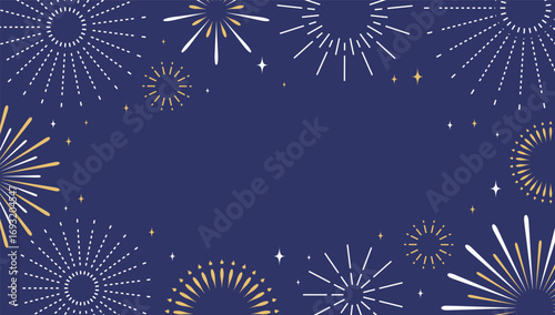 Firework frame. Christmas celebration banner border with gold fireworks explosion display, Happy New Year Birthday party festive sparks. Vector background
